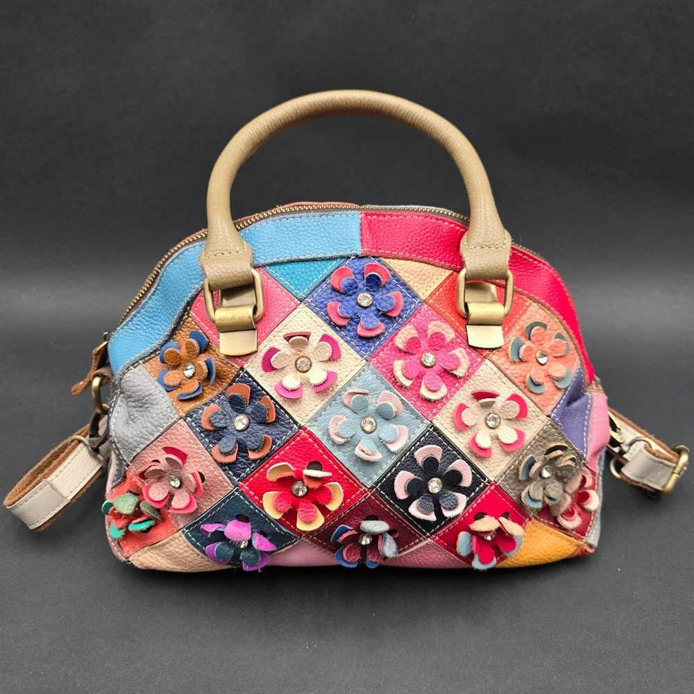 Multicolor Patchwork Leather Floral Applique Satchel Crossbody Handbag Boho